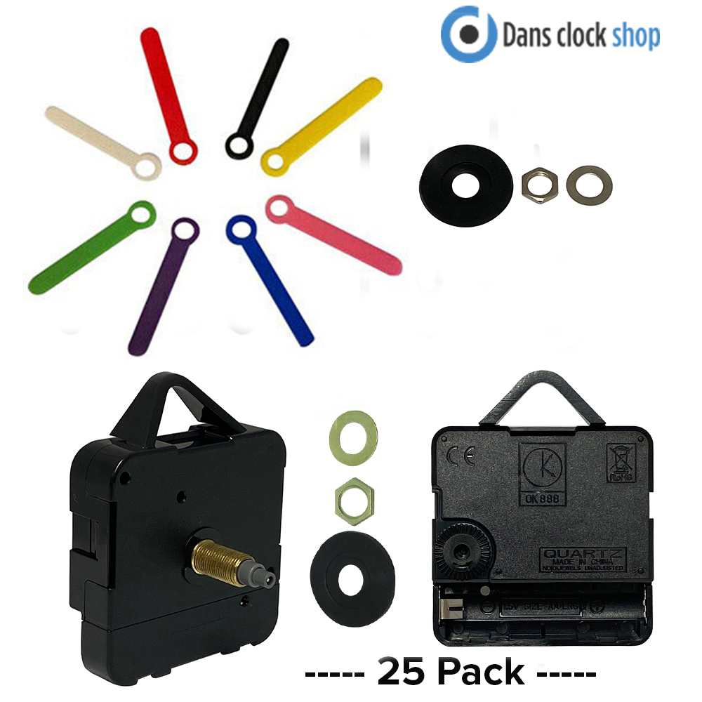 25 Pack Quartz Clock Kit - Movements With Plastic Coloured Hands And Fittings  - Extra Long Shaft