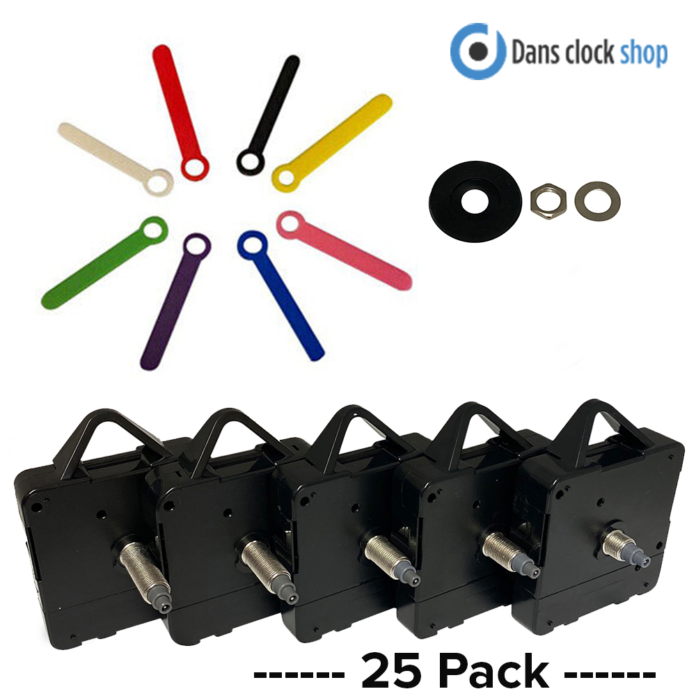 25 Pack Quartz Clock Kits - Movement With Coloured Plastic Hands And Fittings