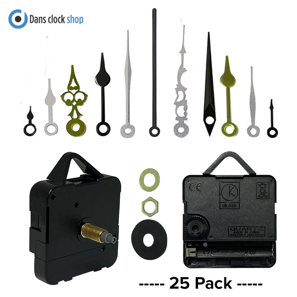 25 Pack Quartz Clock Kit - Movements With Metal Hands And Fittings  - Extra Long Shaft