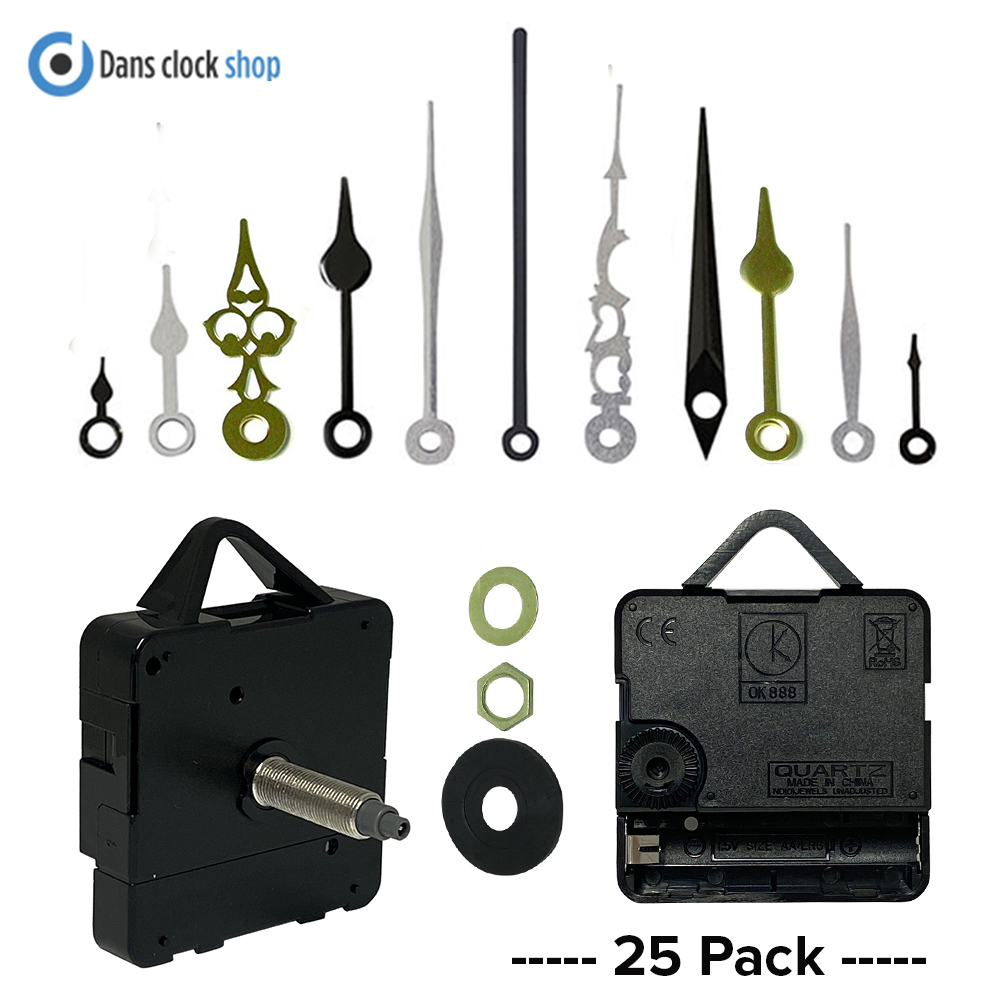 25 Pack Quartz Clock Kit - Movements With Metal Hands And Fittings  - Supersize Shaft