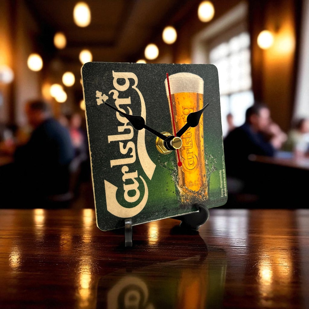 Dans Clock Shop Novelty Beer Mat Clocks With Display Stand – Carlsberg
