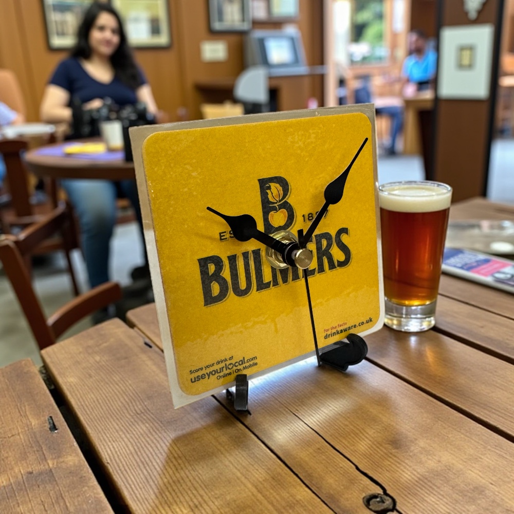 Dans Clock Shop Novelty Beer Mat Clocks With Display Stand – Bulmers