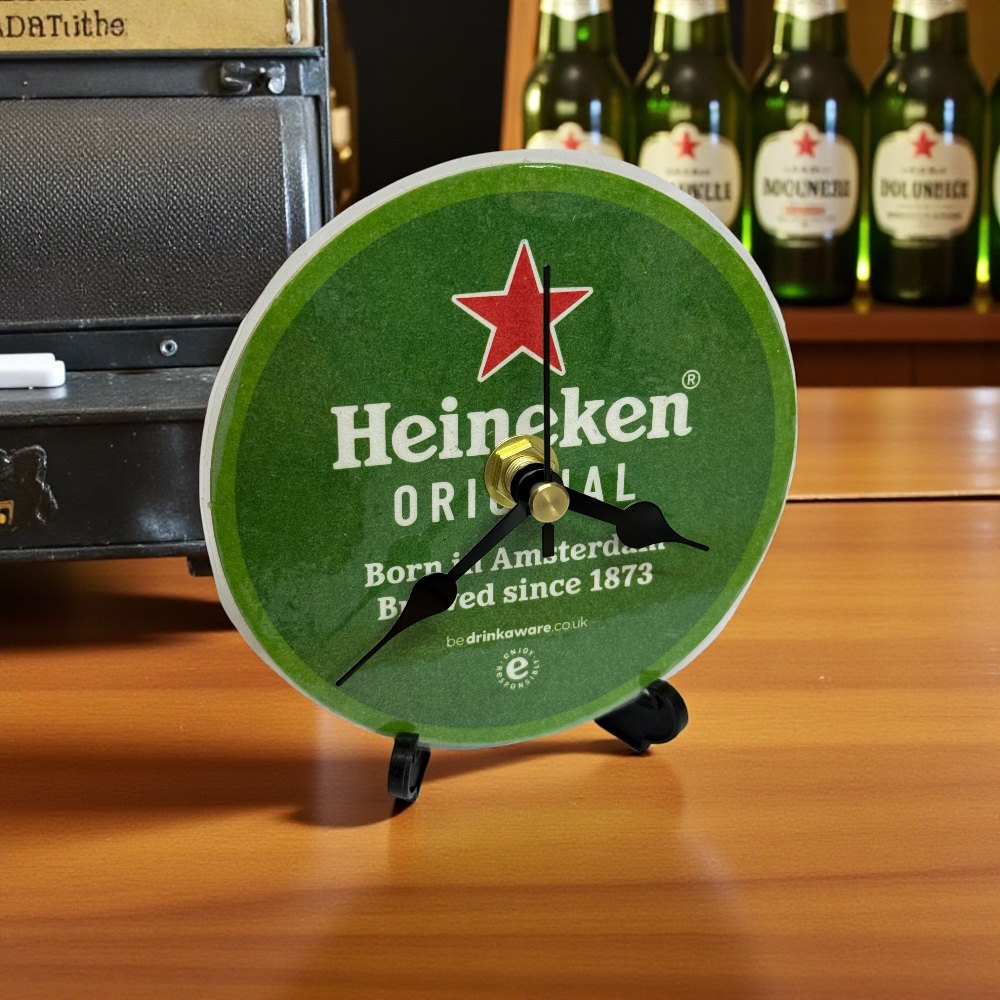 Dans Clock Shop Novelty Beer Mat Clocks With Display Stand – Heineken Original