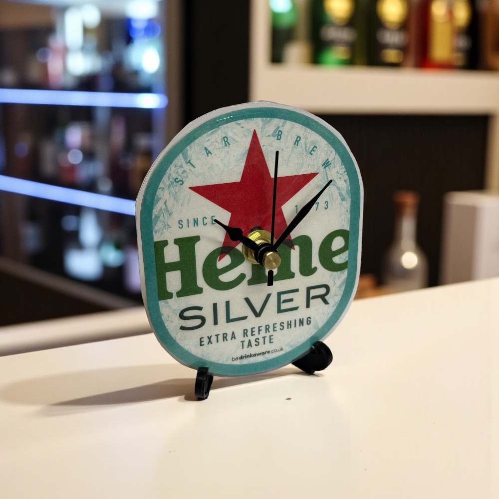 Dans Clock Shop Novelty Beer Mat Clocks With Display Stand – Heineken Silver