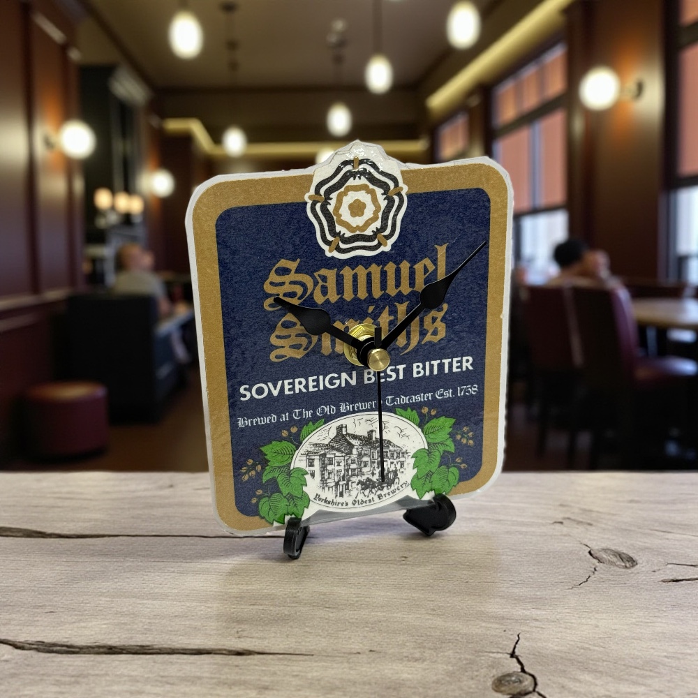 Dans Clock Shop Novelty Beer Mat Clocks With Display Stand – Samuel Smiths Sovereign