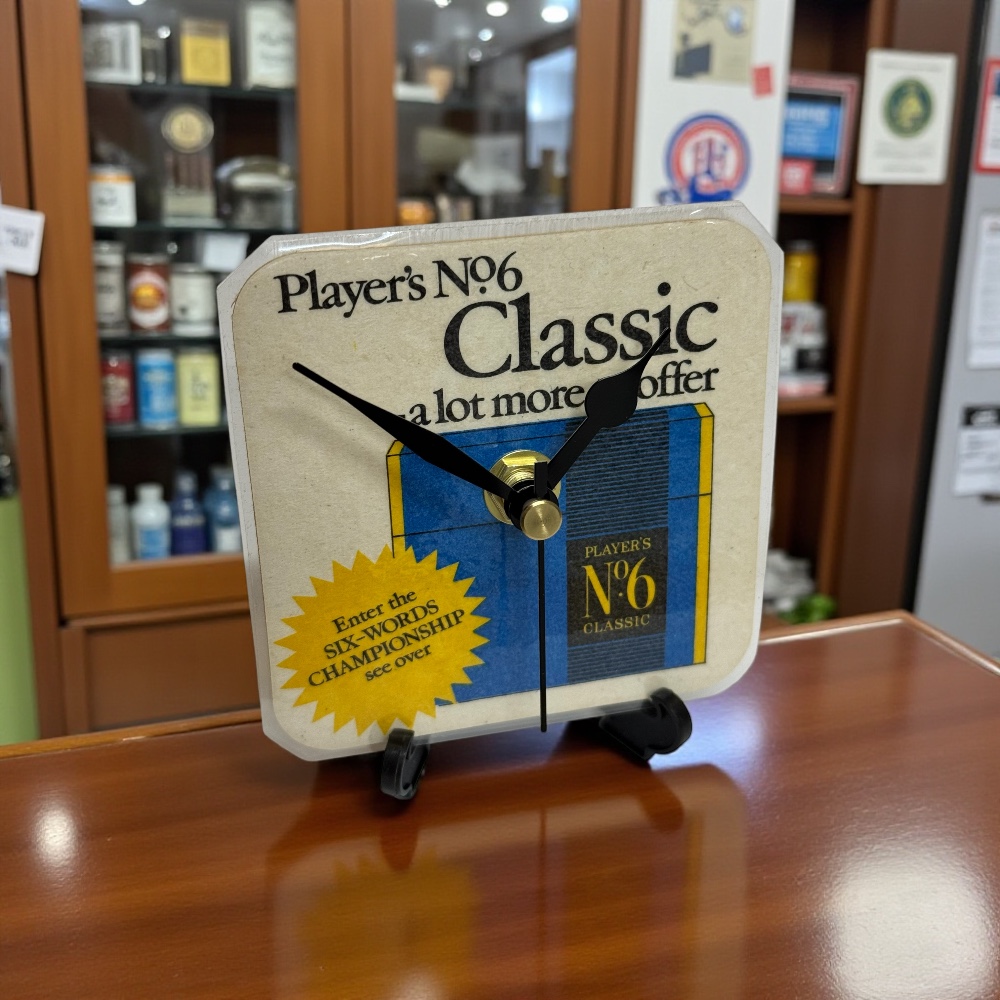Dans Clock Shop Novelty Beer Mat Clocks With Display Stand – Player No 6 Classic