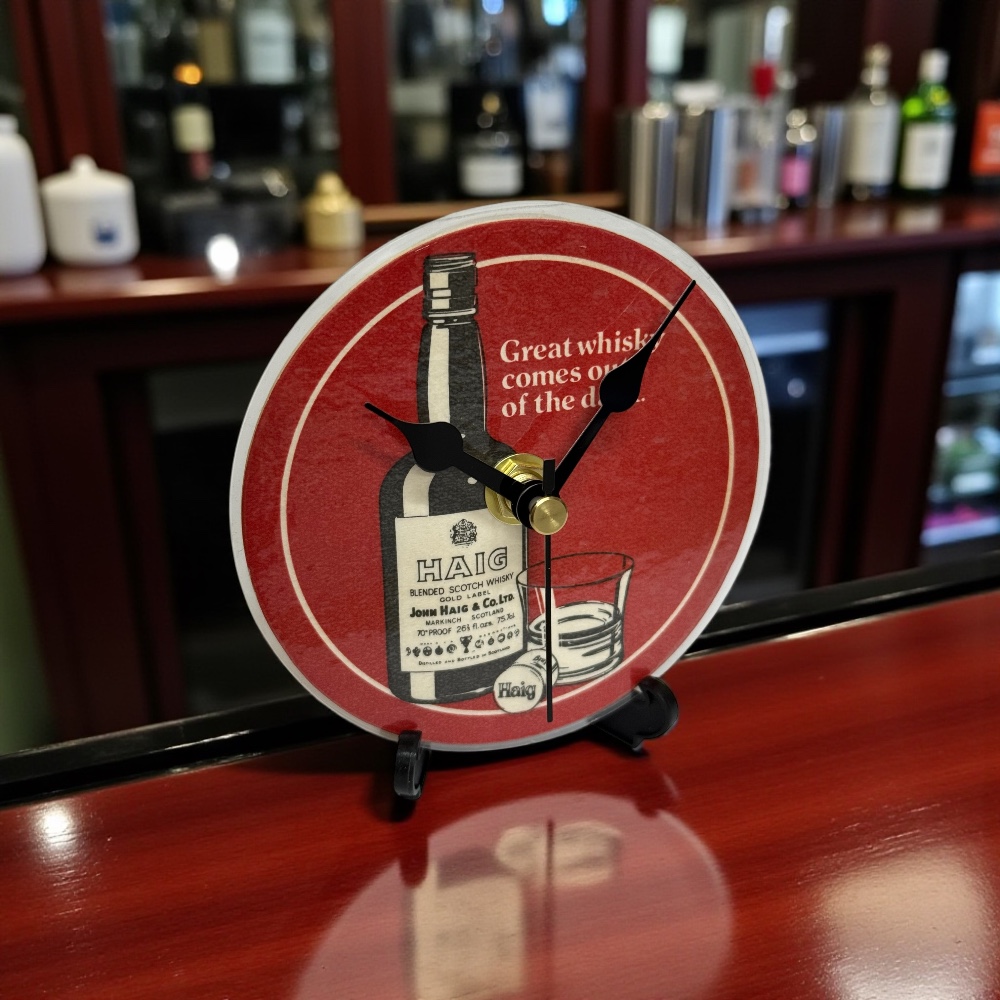 Dans Clock Shop Novelty Beer Mat Clocks With Display Stand – Haig Whisky