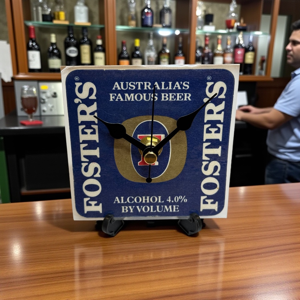 Dans Clock Shop Novelty Beer Mat Clocks With Display Stand – Fosters 01