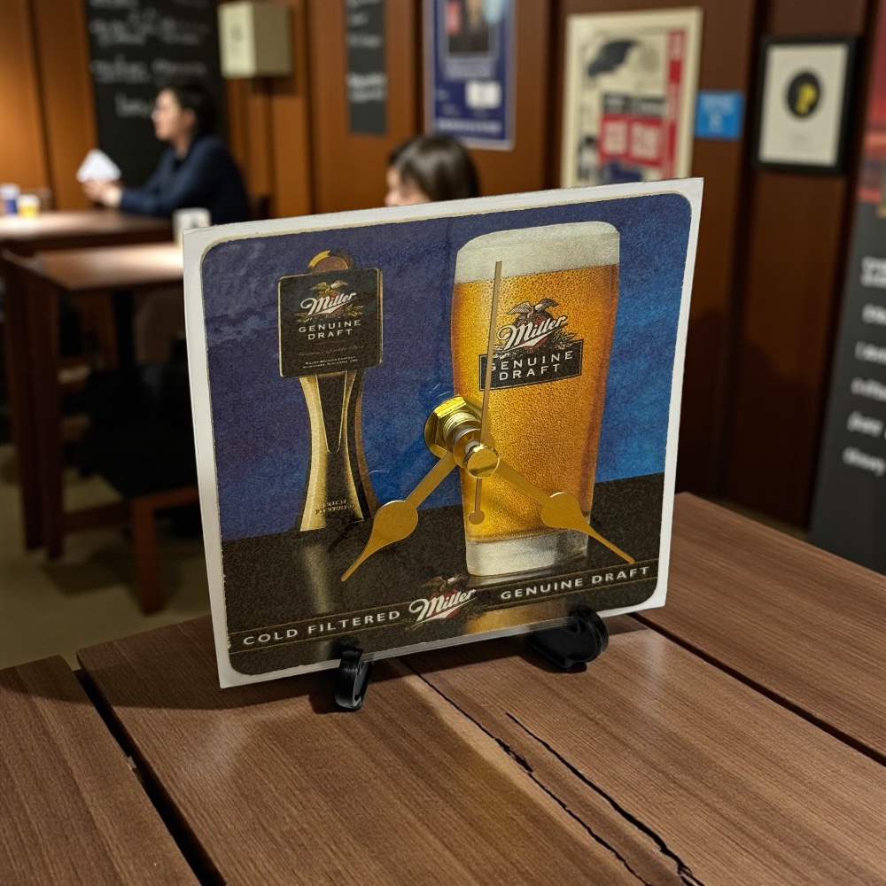 Dans Clock Shop Novelty Beer Mat Clocks With Display Stand – Miller