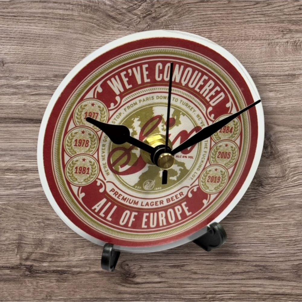 Dans Clock Shop Novelty Liverpool Beer Mat Clocks With Display Stand – We've Conquered All Of Europe