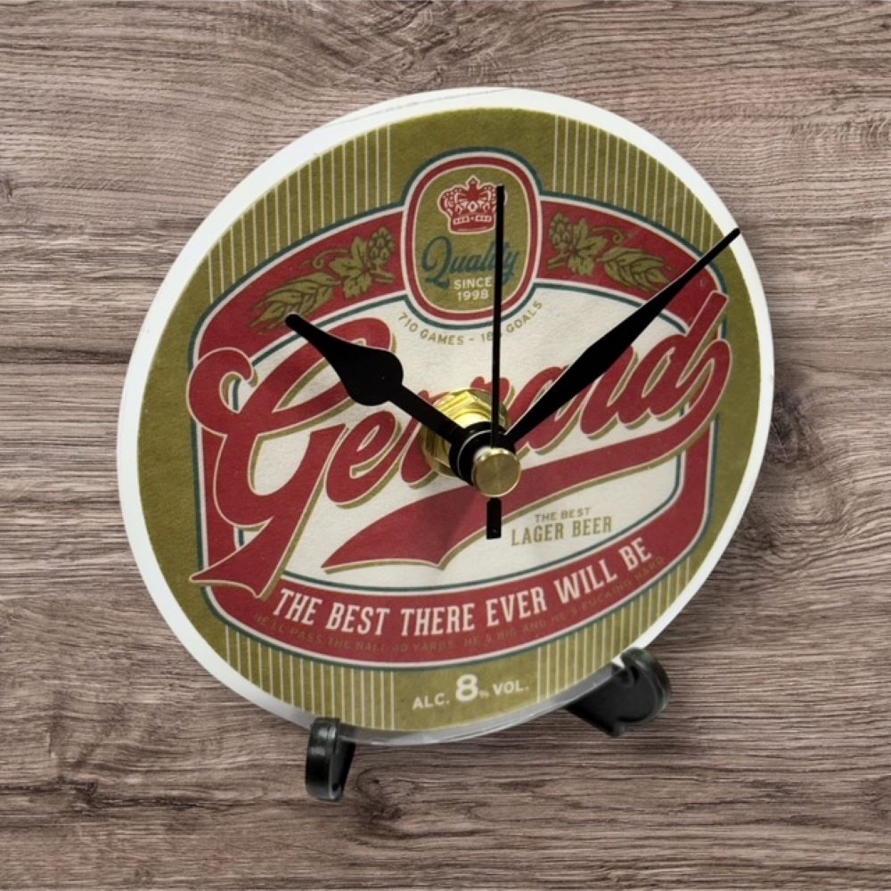 Dans Clock Shop Novelty Liverpool Beer Mat Clocks With Display Stand – Gerrard