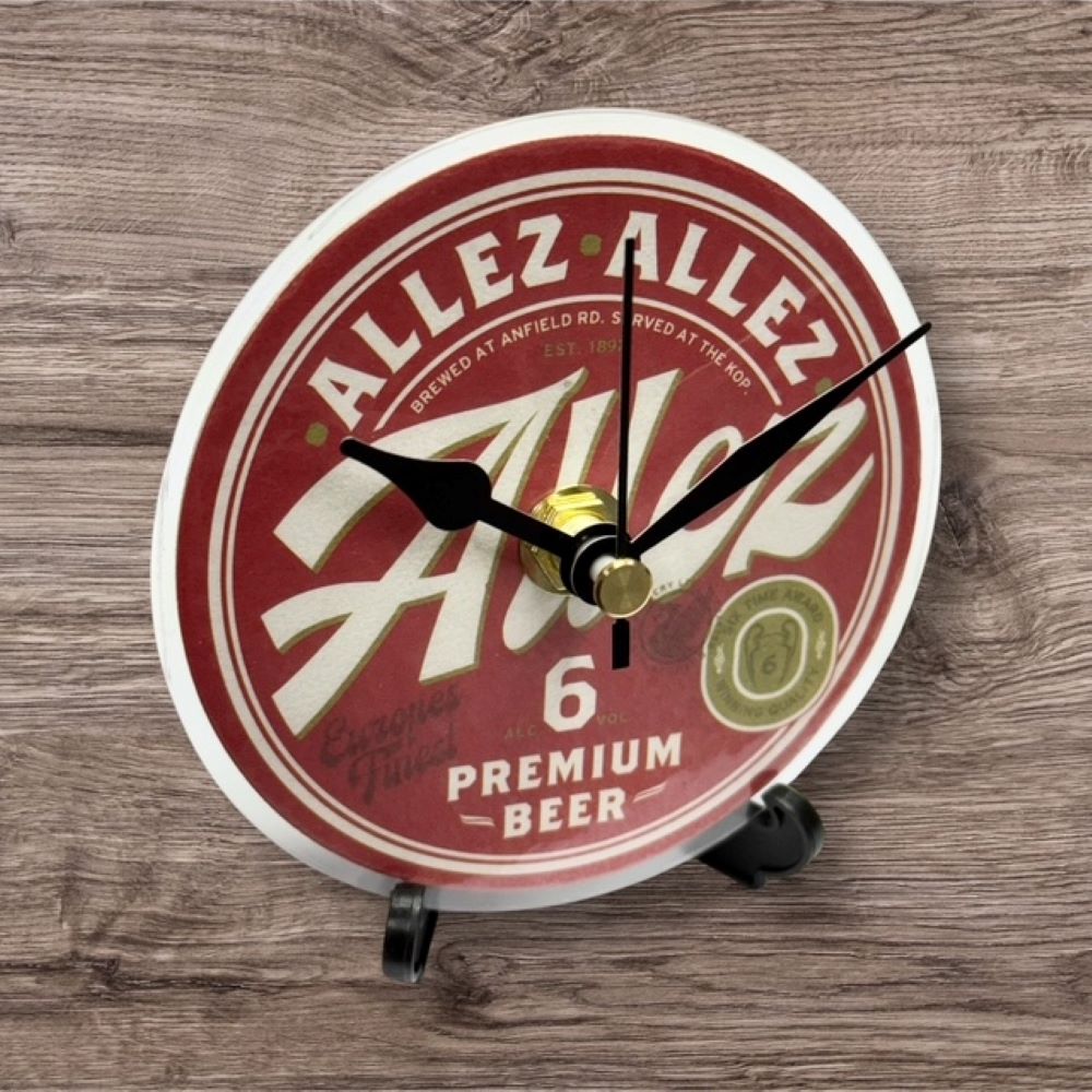 Dans Clock Shop Novelty Liverpool Beer Mat Clocks With Display Stand – Allez