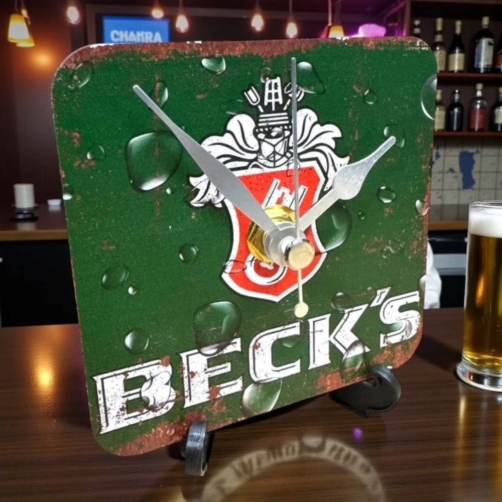 Handmade Wooden Beer Coaster Clock for Man Cave, Home Bar Decor, Becks