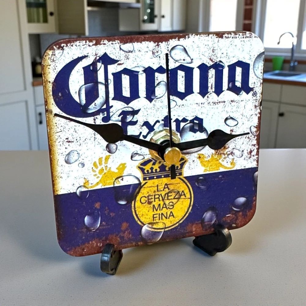 Handmade Wooden Beer Coaster Clock for Man Cave, Home Bar Decor, Corona