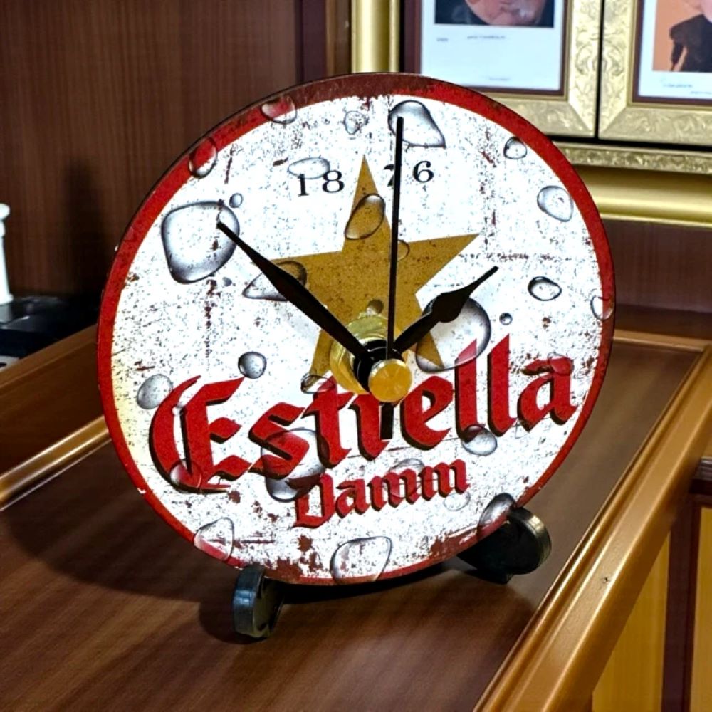 Handmade Wooden Beer Coaster Clock for Man Cave, Home Bar Decor, Estrella