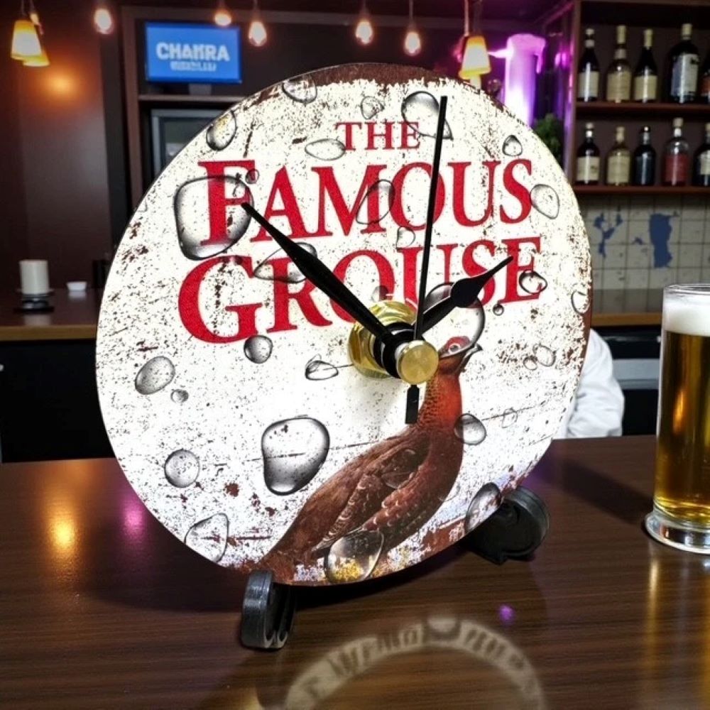 Handmade Wooden Beer Coaster Clock for Man Cave, Home Bar Decor, Famous Grouse