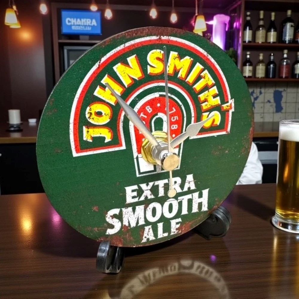 Handmade Wooden Beer Coaster Clock for Man Cave, Home Bar Decor, John Smiths