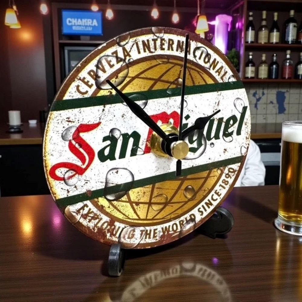 Handmade Wooden Beer Coaster Clock for Man Cave, Home Bar Decor, San Miguel