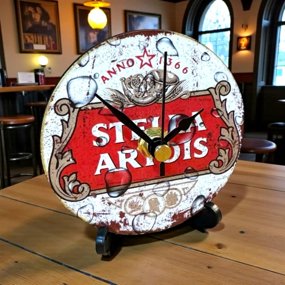 Handmade Wooden Beer Coaster Clock for Man Cave, Home Bar Decor, Stella