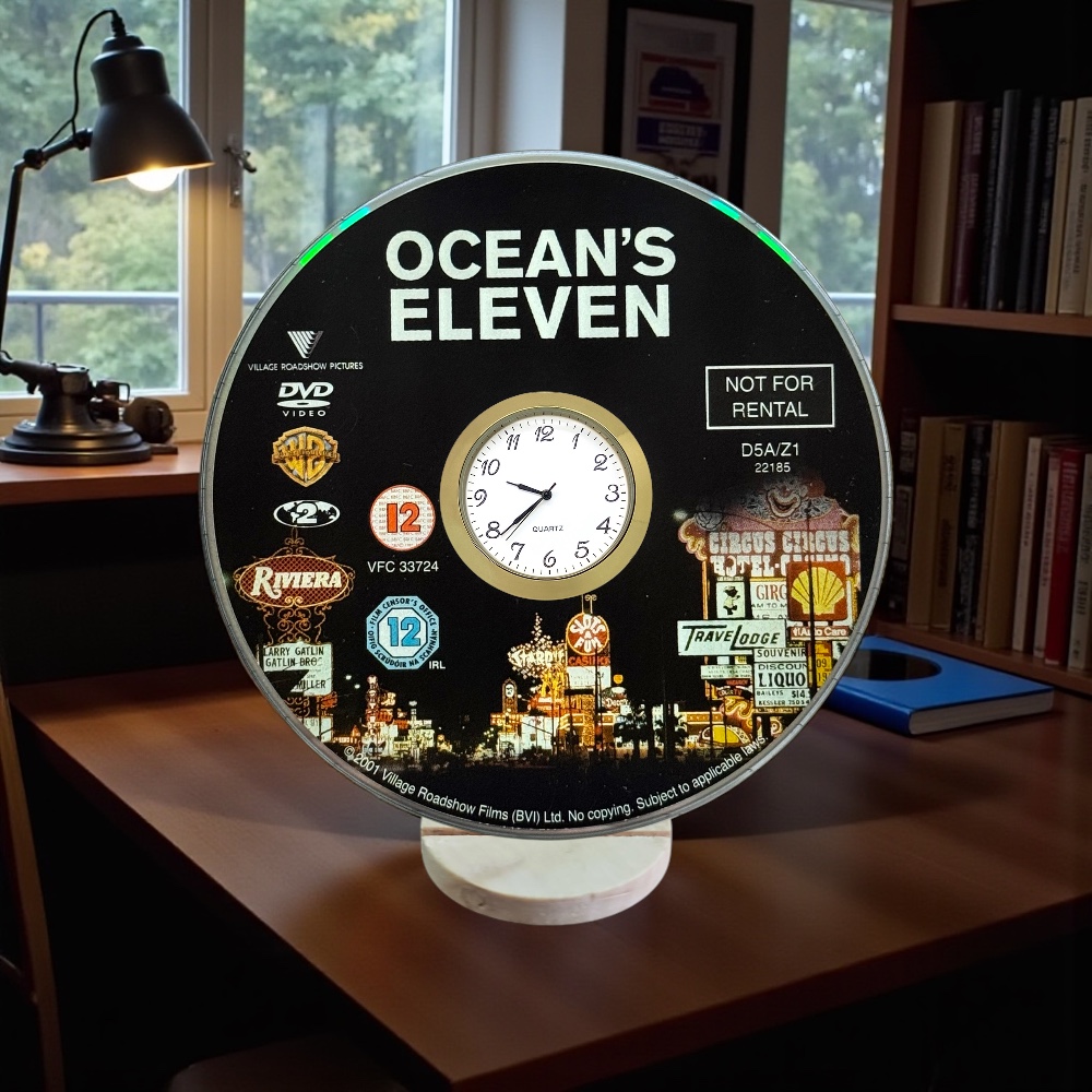 Ocean's Eleven Novelty Upcycled DVD Desktop Clock With Fixed Gold Insert