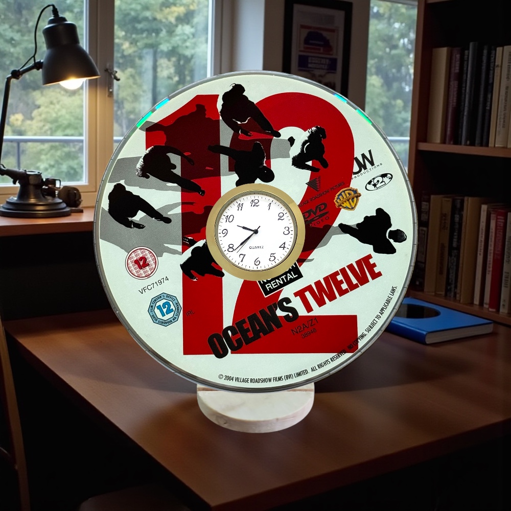 Ocean's Twelve Novelty Upcycled DVD Desktop Clock With Fixed Gold Insert