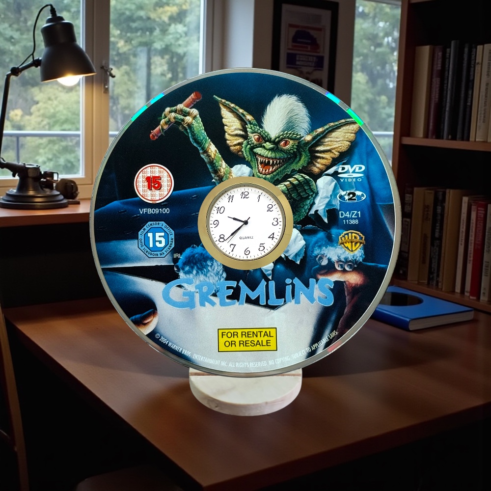 Gremlins Novelty Upcycled DVD Desktop Clock With Fixed Gold Insert