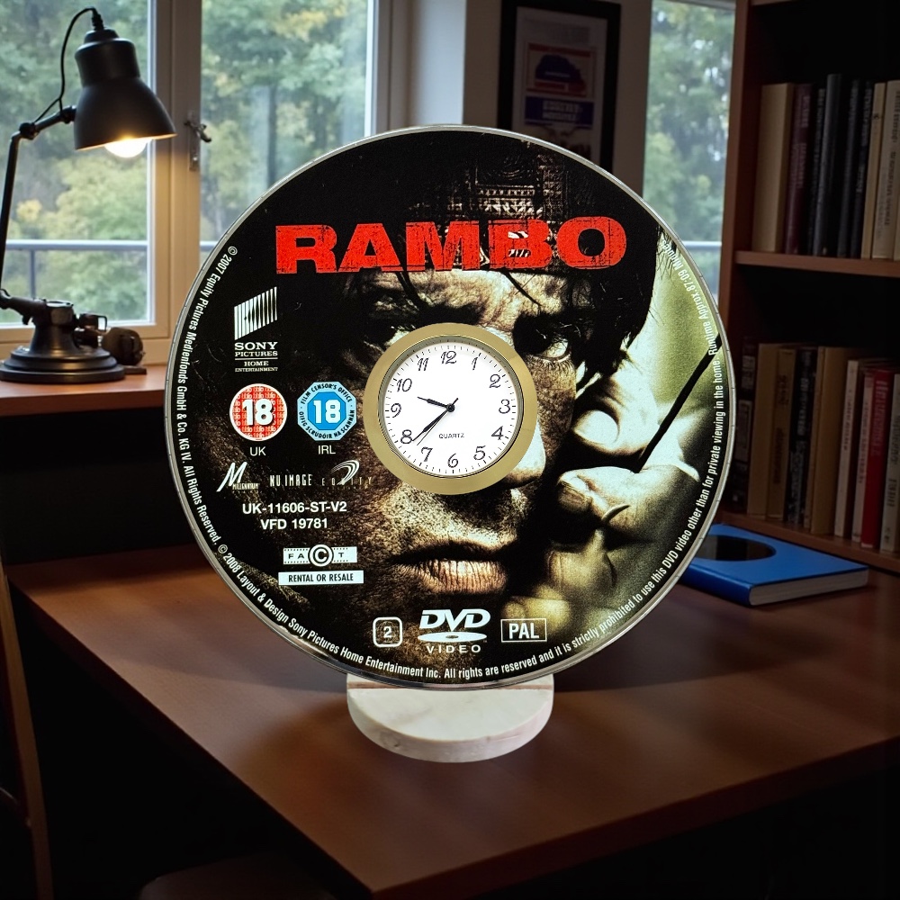 Rambo Novelty Upcycled DVD Desktop Clock With Fixed Gold Insert