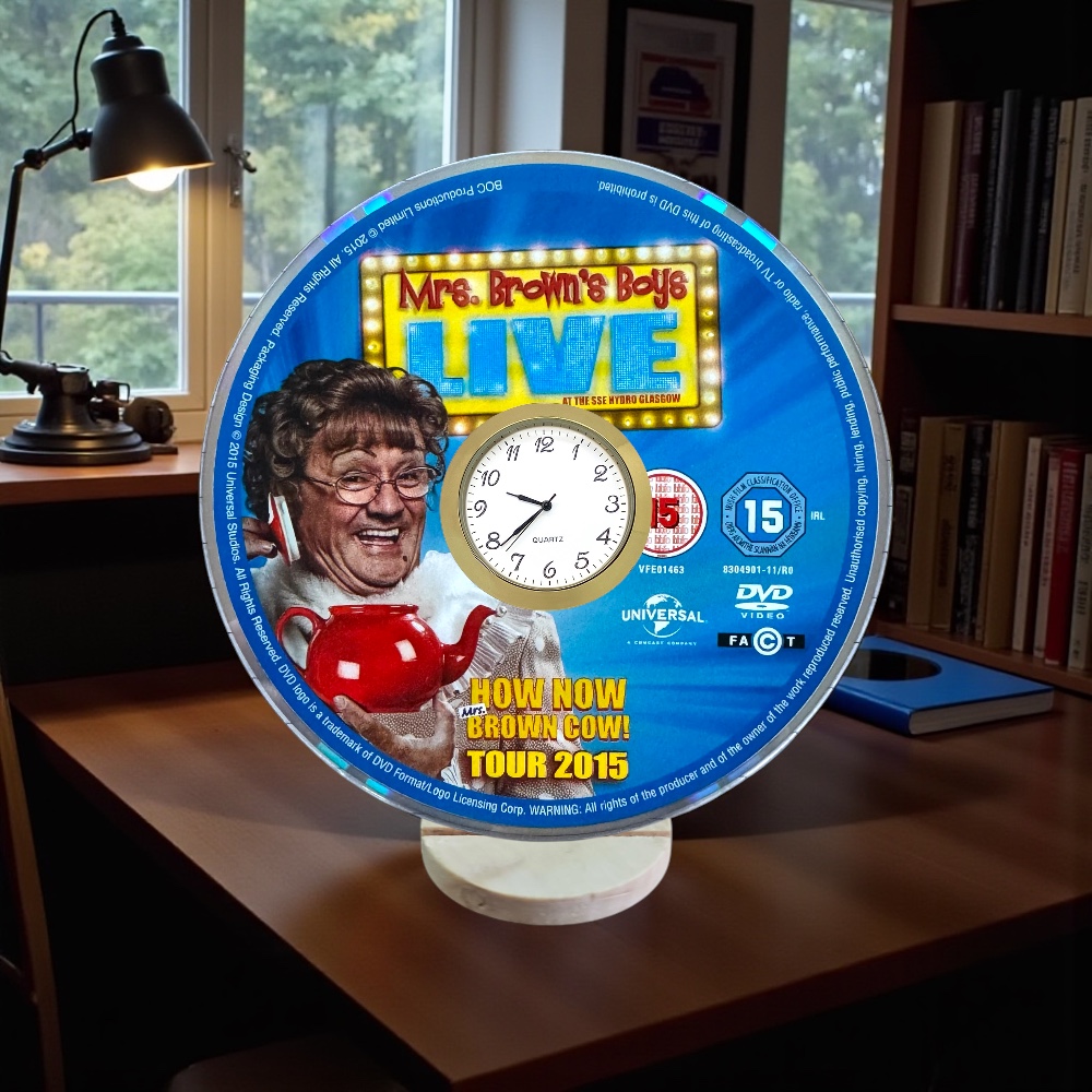 Mrs Brown's Boys Live Novelty Upcycled DVD Desktop Clock With Fixed Gold Insert - Design 2