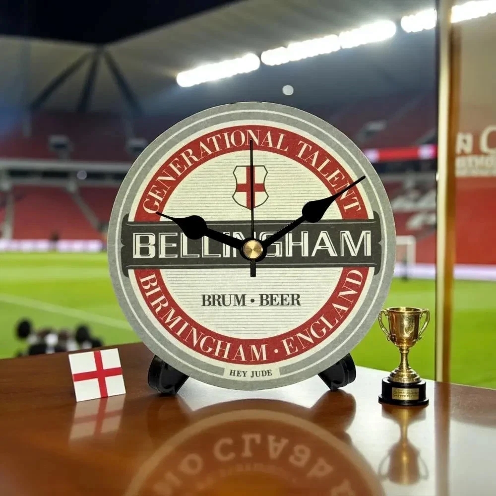 Novelty England Football Team Upcycled Beer Mat Clocks With Display Stand – Bellingham