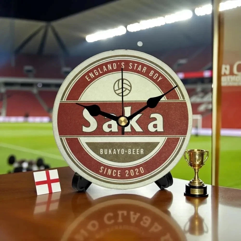 Novelty England Football Team Upcycled Beer Mat Clocks With Display Stand – Saka