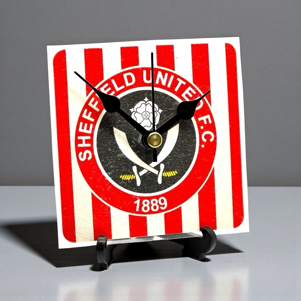 Novelty Sheffield United Football Team Upcycled Beer Mat Clocks With Display Stand