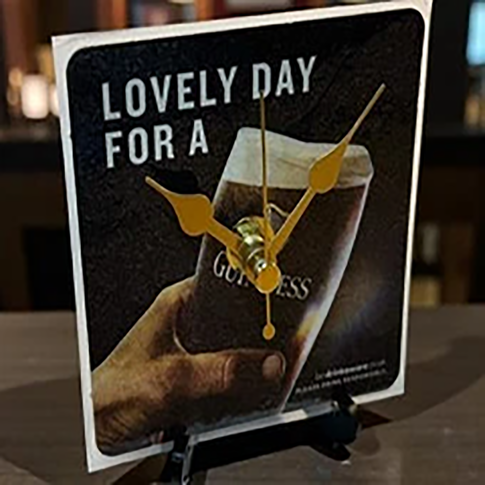 Guinness Novelty Upcycled Beer Mat Clock With Display Stand – Design 1