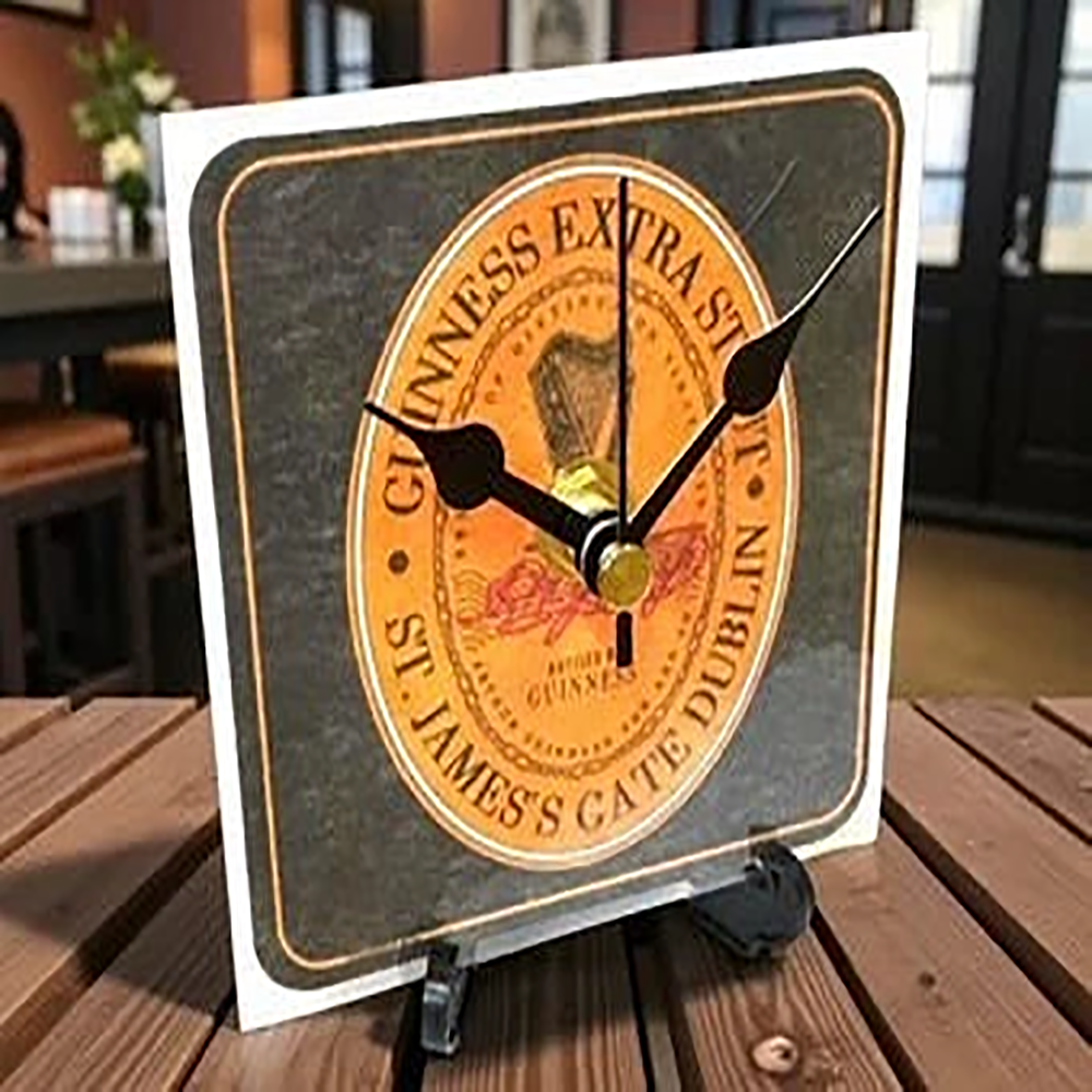 Guinness Novelty Upcycled Beer Mat Clock With Display Stand – Design 2