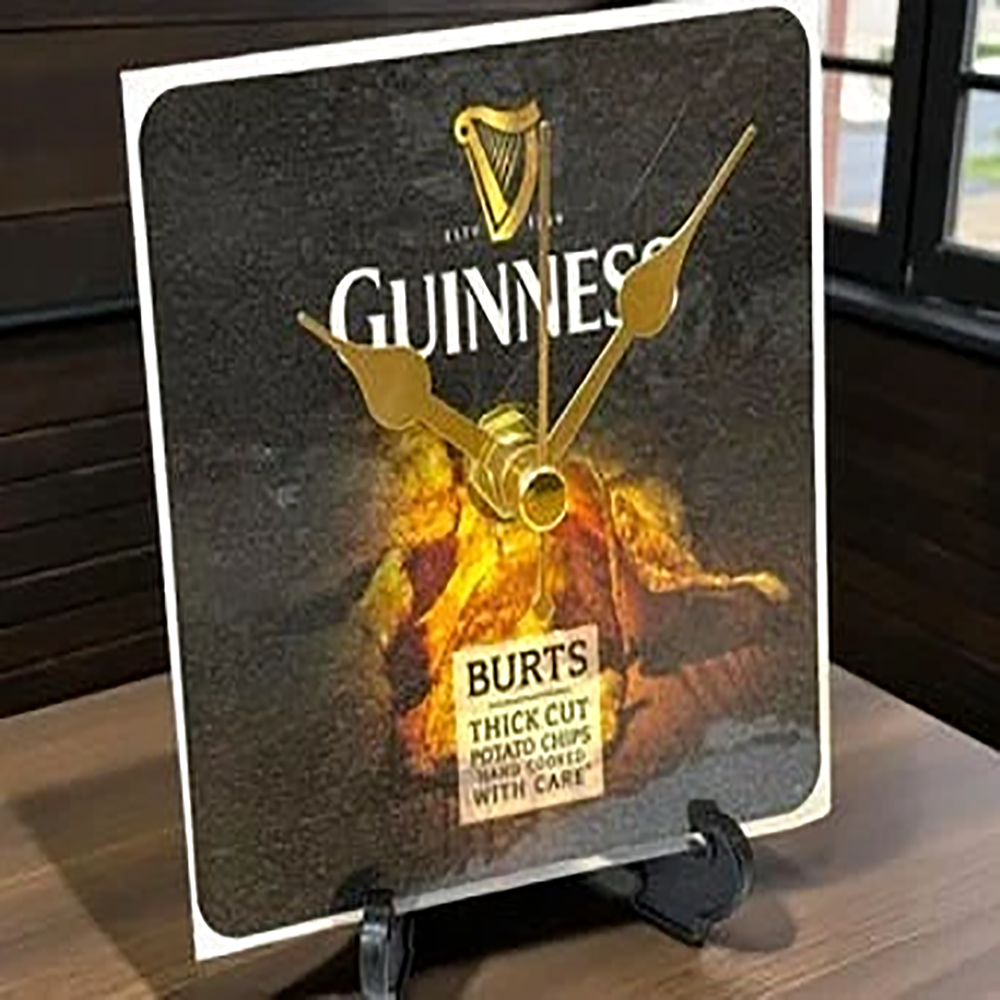 Guinness Novelty Upcycled Beer Mat Clock With Display Stand – Design 3