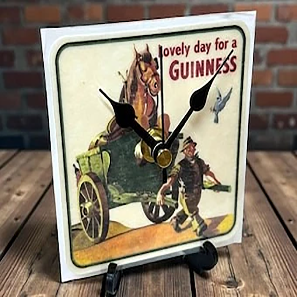 Guinness Novelty Upcycled Beer Mat Clock With Display Stand – Design 6