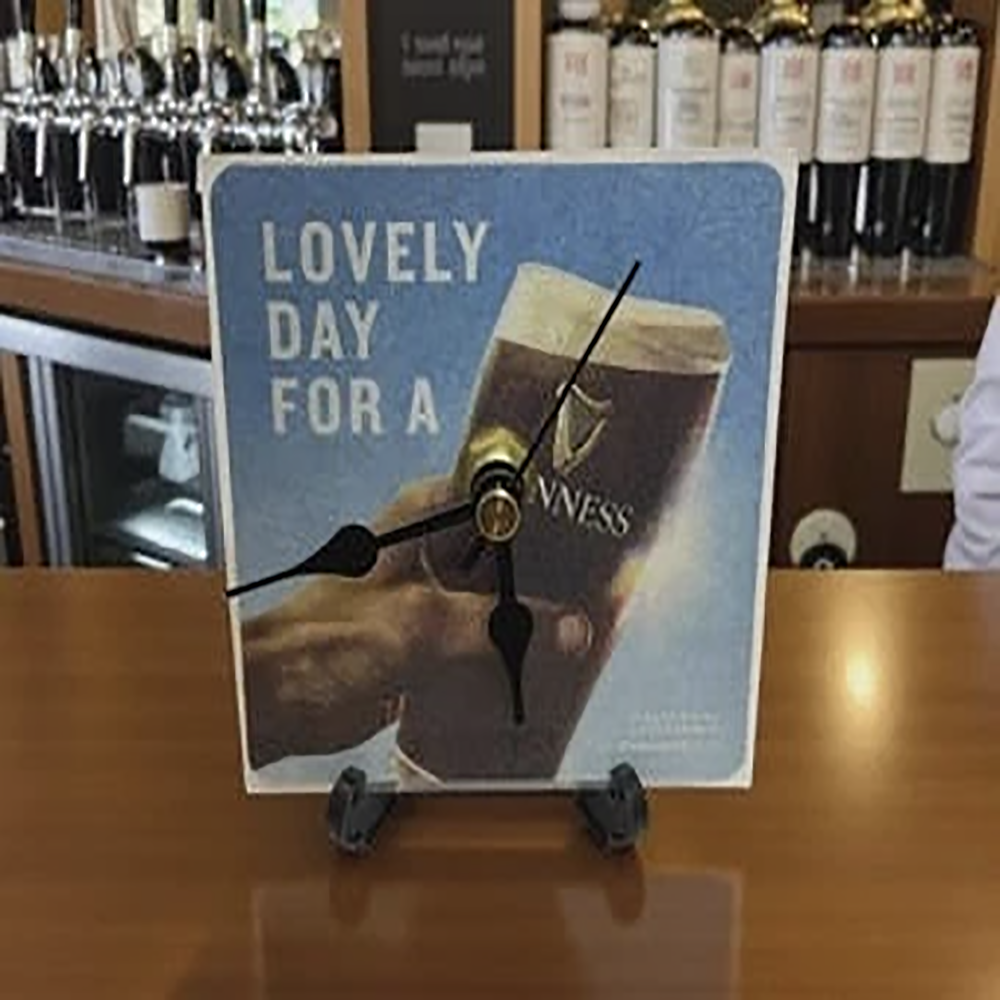 Guinness Novelty Upcycled Beer Mat Clock With Display Stand – Design 9