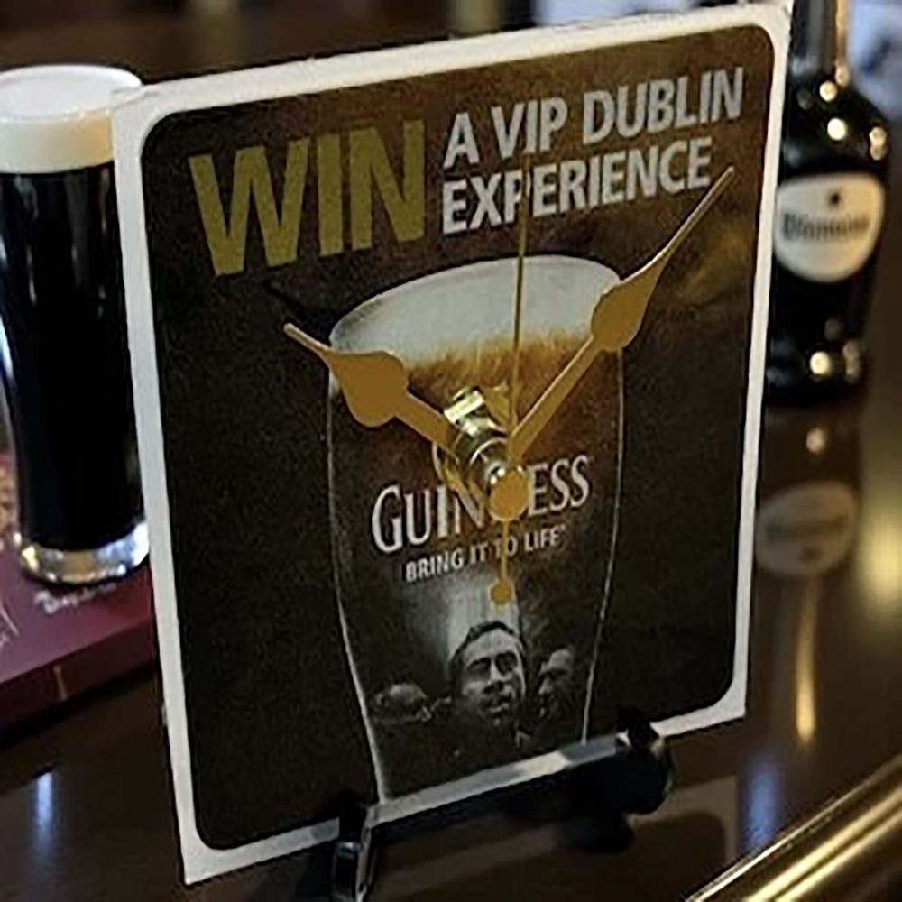 Guinness Novelty Upcycled Beer Mat Clock With Display Stand – Design 15