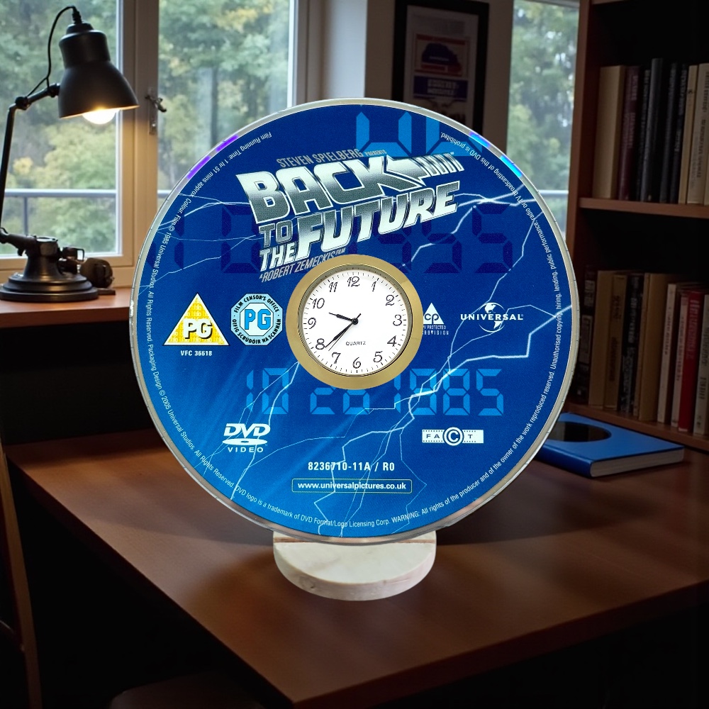 Back To The Future Novelty Upcycled DVD Desktop Clock With Fixed Gold Insert