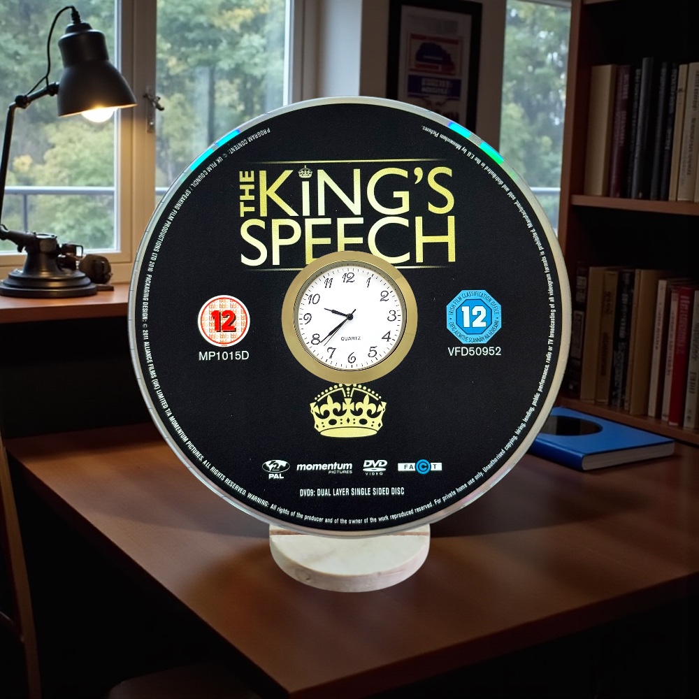 The King Speech Novelty Upcycled DVD Desktop Clock With Fixed Gold Insert