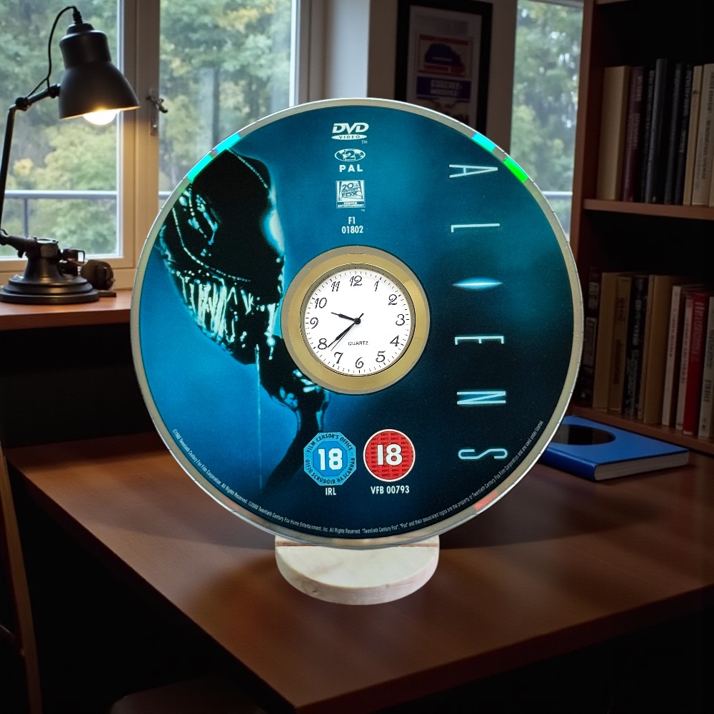 Aliens Novelty Upcycled DVD Desktop Clock With Fixed Gold Insert