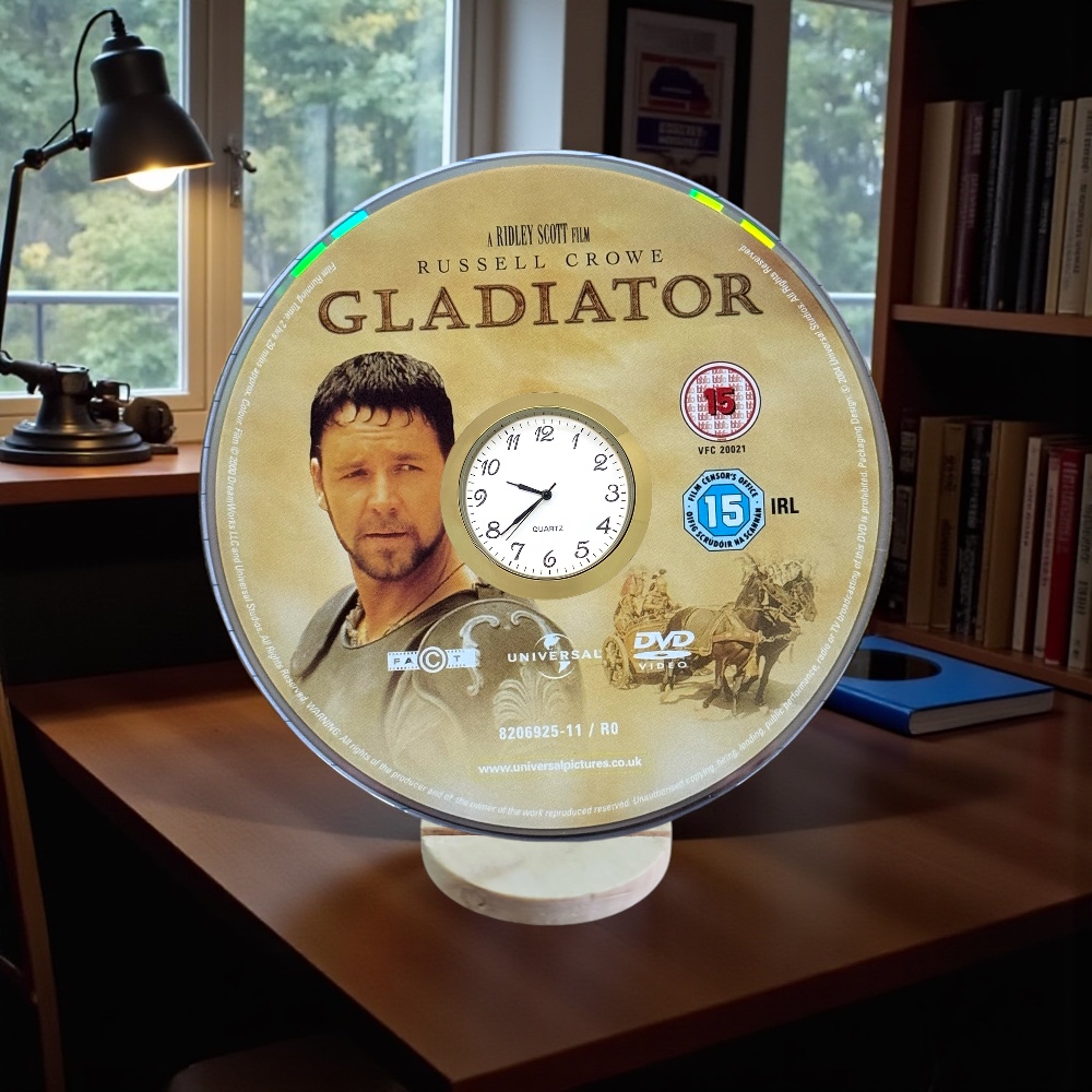Gladiator Novelty Upcycled DVD Desktop Clock With Fixed Gold Insert