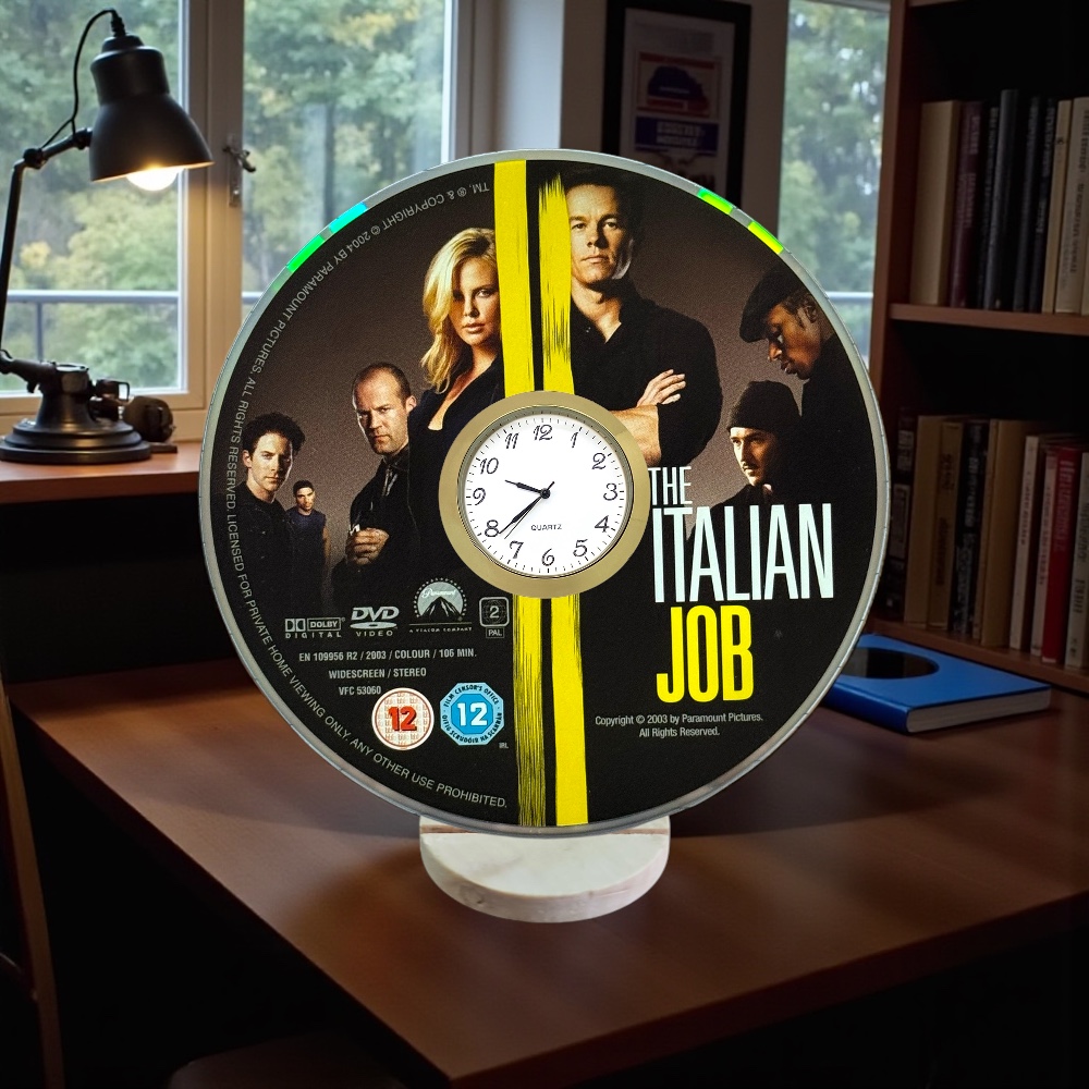 The Italian Job Novelty Upcycled DVD Desktop Clock With Fixed Gold Insert