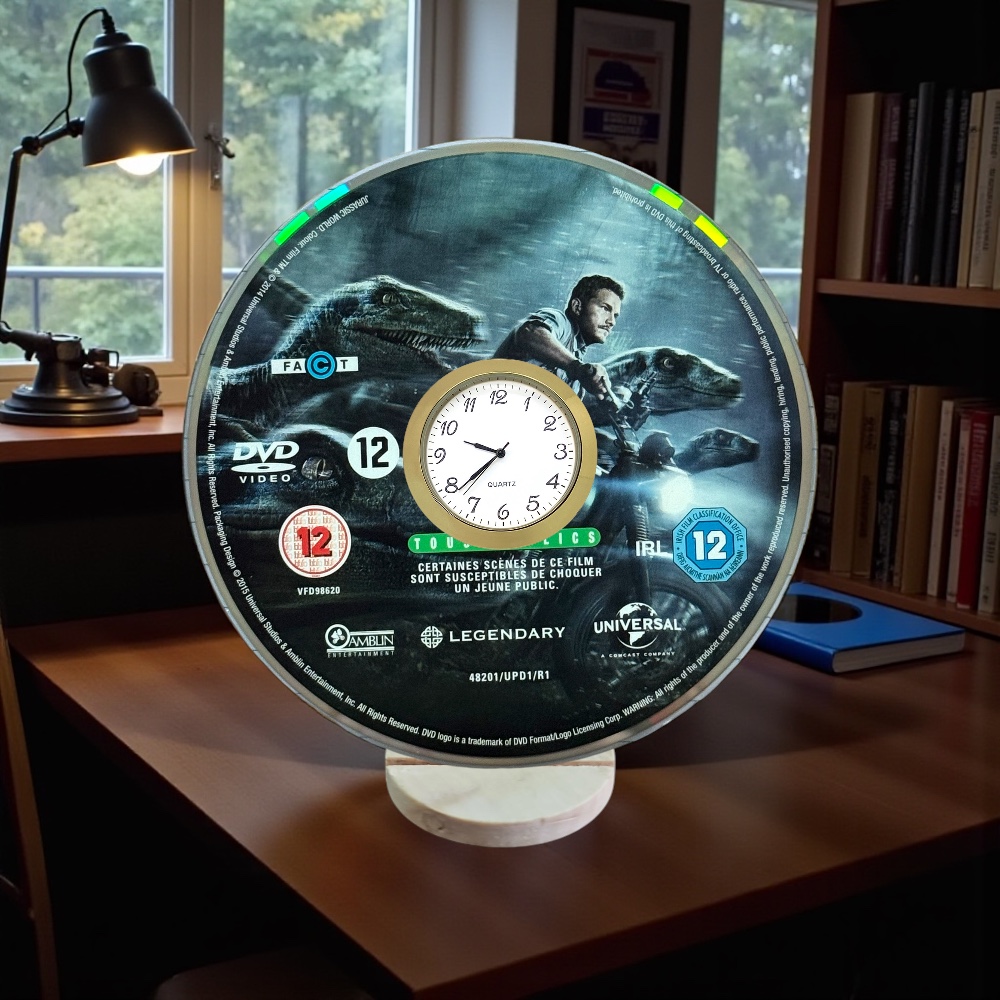 Jurassic World Novelty Upcycled DVD Desktop Clock With Fixed Gold Insert