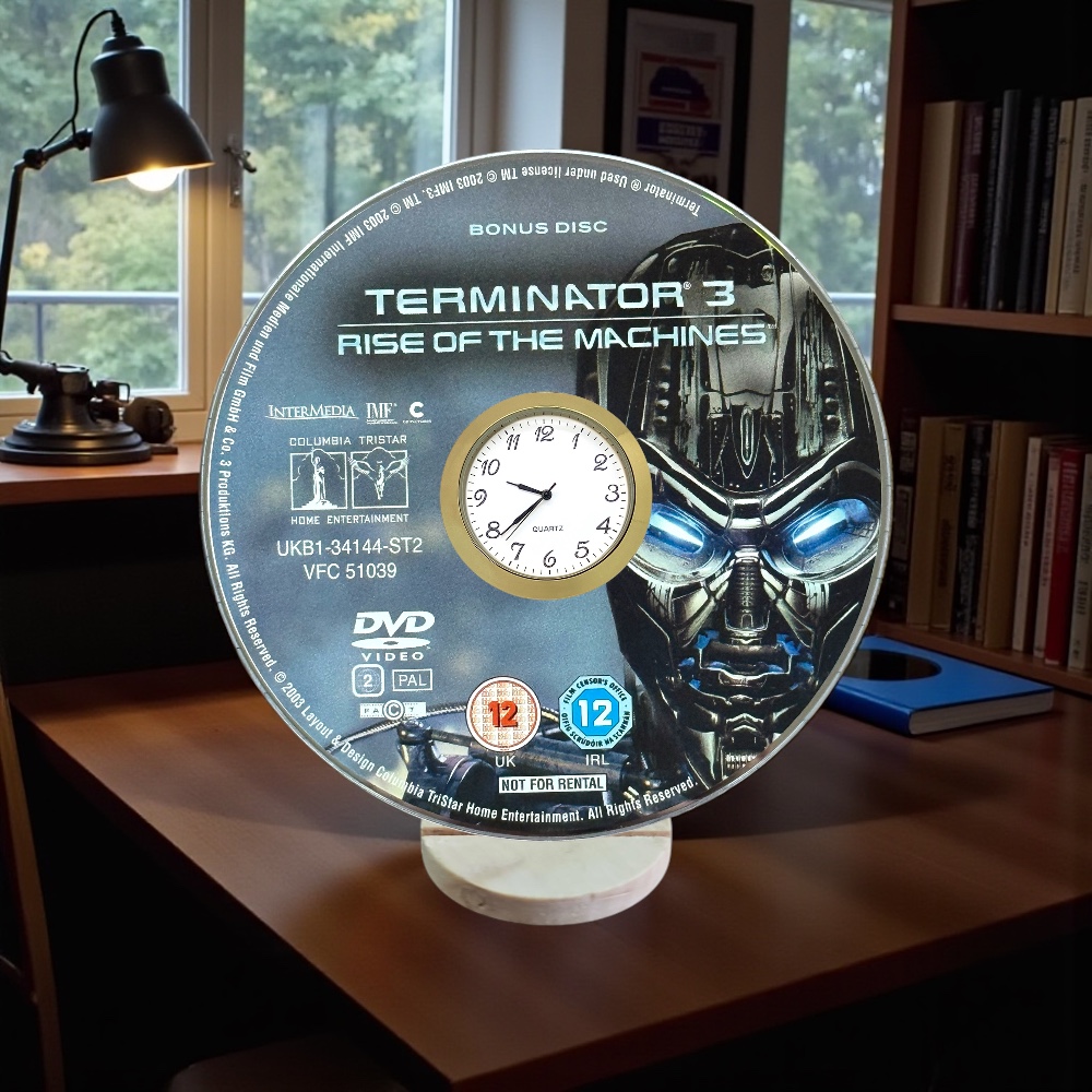 Terminator 3 Novelty Upcycled DVD Desktop Clock With Fixed Gold Insert - Image 2