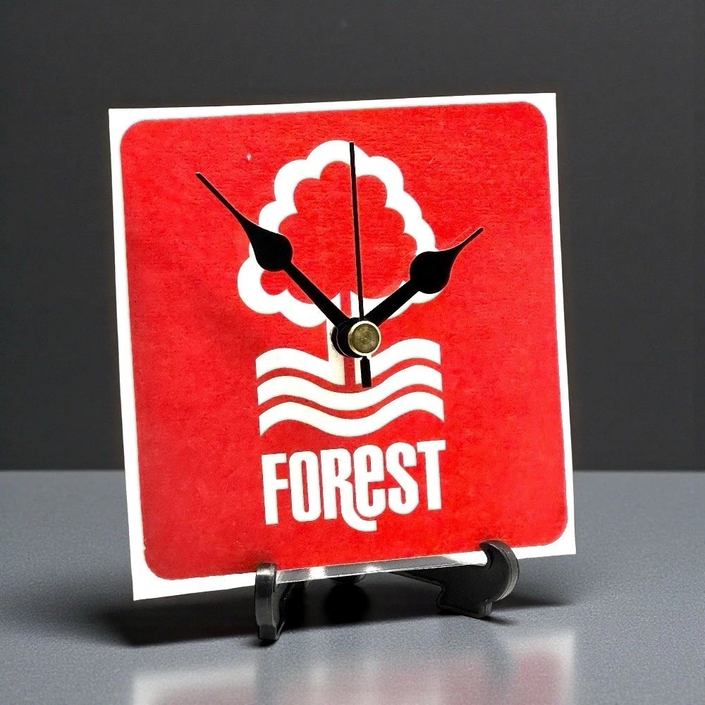 Novelty Nottingham Forest Football Team Upcycled Beer Mat Clocks With Display Stand