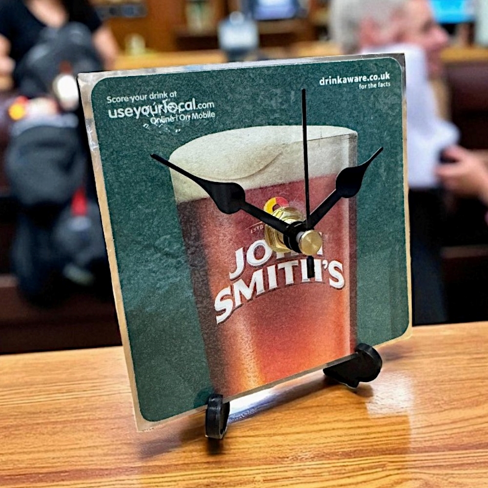 Upcycled Novelty Beer Mat Clock With Display Stand - John Smiths Design 4
