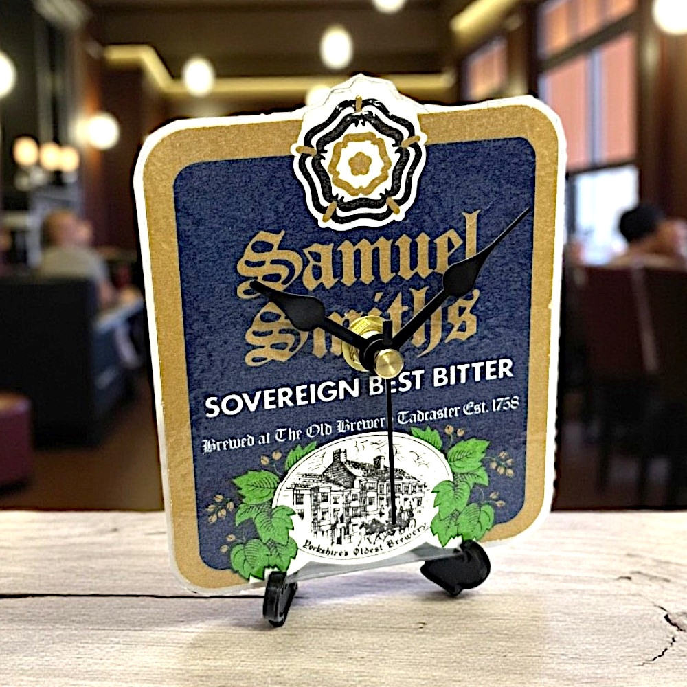 Upcycled Novelty Beer Mat Clock With Display Stand - Samuel Smiths Design 1