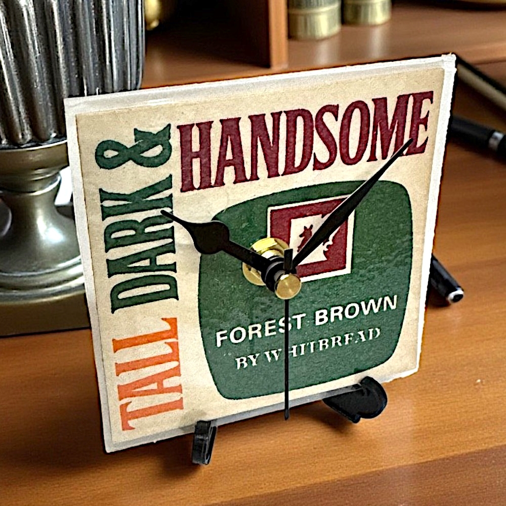 Upcycled Novelty Beer Mat Clock With Display Stand - Whitbread Forest Brown