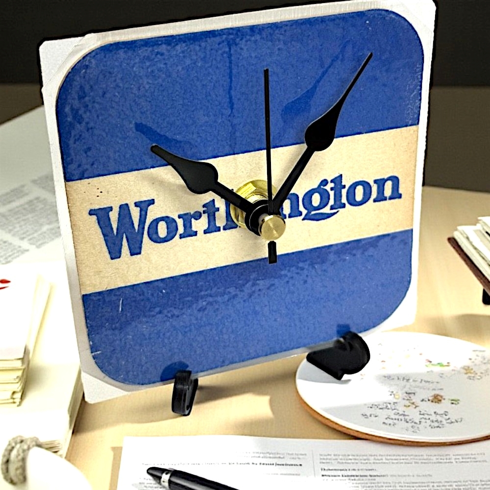 Upcycled Novelty Beer Mat Clock With Display Stand - Worthington
