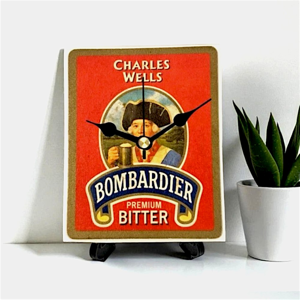 Upcycled Novelty Beer Mat Clock With Display Stand - Bombardier #2